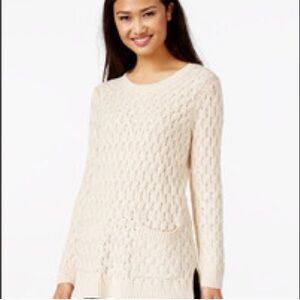 JEANNE‎ PIERRE Cream Cable Knit Tunic Sweater Front Pockets Cotton Size Medium